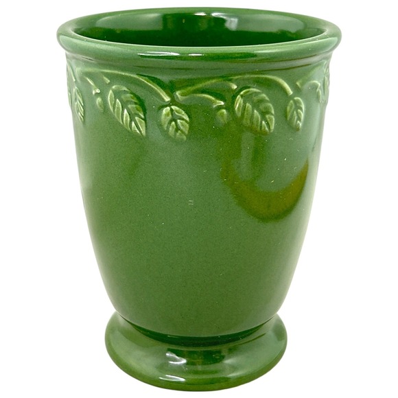 Longaberger Other - Longaberger AT HOME GARDEN VASE Green Ceramic Leaf Embossed Footed 5"